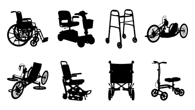 Mobility Aids Silhouettes Set - Wheelchair, Scooter, Walker Icons