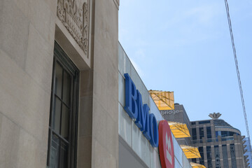 Fototapeta premium oblique angle view of sign and corporate logo outside BMO, Bank of Montreal, Adelaide St W side, Toronto