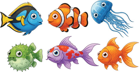 Fototapeta premium Cute Cartoon Fish and Jellyfish Illustration Set Featuring Tropical Aquarium Characters with Colorful Marine Animals for Kids Design, Education, and Underwater Themes.