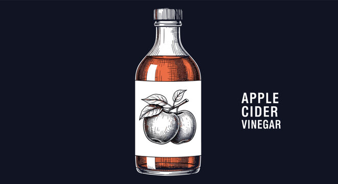 Vintage style illustration of an apple cider vinegar bottle with a hand drawn apple and leaves label on dark background.