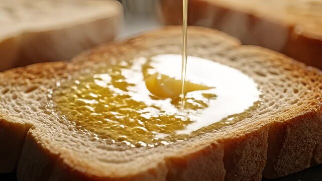 Delicious Honey Drizzling on Toast with Butter Closeup.