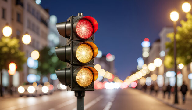 Red traffic signal at night on city street.