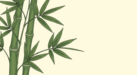 Fototapeta premium Serene botanical illustration of green bamboo stalks with delicate leaves against a soft beige background.