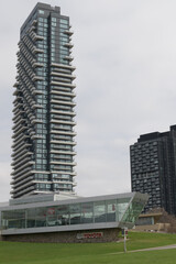 Naklejka premium wide view of Toyota On the Park, with vehicle display gallery, at 1077 Leslie St (with view of Auberge on the Park Condos), Toronto