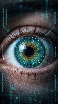 Human eye with digital iris scan for biometric identity verification. Advanced technology scanning eye for secure access, data protection, and cyber authentication. Innovative concept.