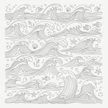 Ocean Waves Pattern, Sea Life, Nautical Elements, Hand Drawn Style
