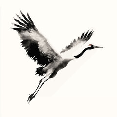 Fototapeta premium Graceful black and white watercolor crane in flight with outstretched wings