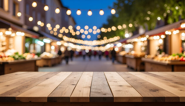 Empty wooden table with bokeh lights at festive outdoor street market at dusk.