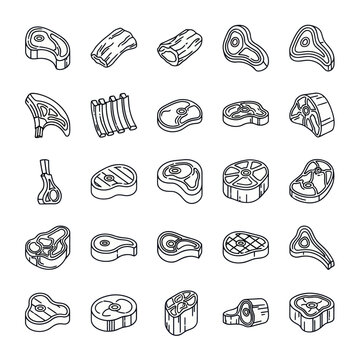 Assortment of Raw Meat Cuts Icon Set - Vector Illustration