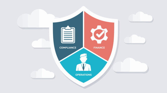 A graphic illustration of a shield divided into three sections representing compliance, finance, and operations.