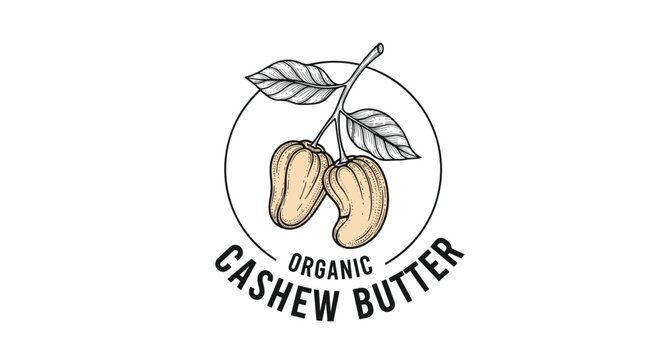 Vintage logo for organic cashew butter featuring a branch with ripe cashew apples and nuts in a detailed sketch.
