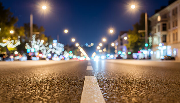Low angle view of empty city street at night with bokeh lights.