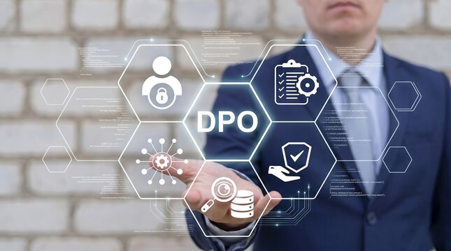 Concept of DPO - Data Protection Officer. Business person using virtual touch screen presses the acronym DPO. GDPR Compliance new