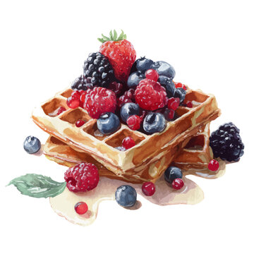 Delicious stack of waffles topped with fresh berries and maple syrup