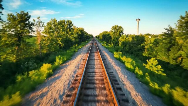 Drone perspective traveling along train tracks through rural farmland and green fields under a blue sky