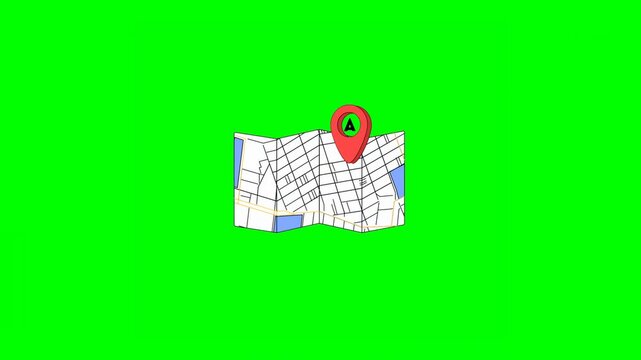 2D Animated Scene of Location PIN Graphic Animation of Hopping and Spinning on Folding Paper Map on Green Background