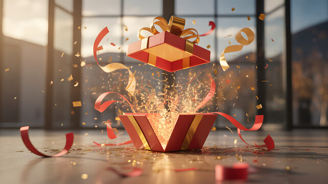 Red and gold gift box exploding with confetti and ribbons in modern room transparent background