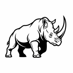 Fototapeta premium Rhinoceros stands in a powerful stance showcasing its massive horn and thick skin in this detailed black and white illustration.