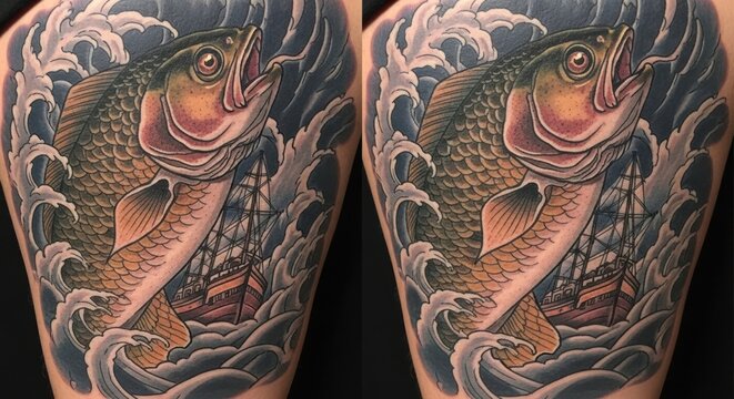 Japanese Tattoo Art: Carp Fish Leaping Over Waves with Sailing Ship