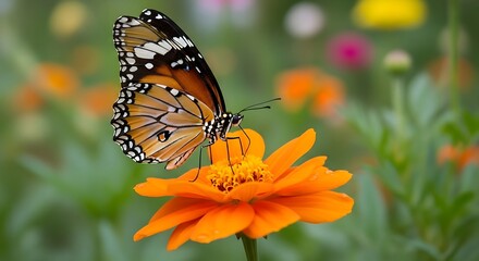 Fototapeta premium Butterfly on Orange Flower in a Garden.