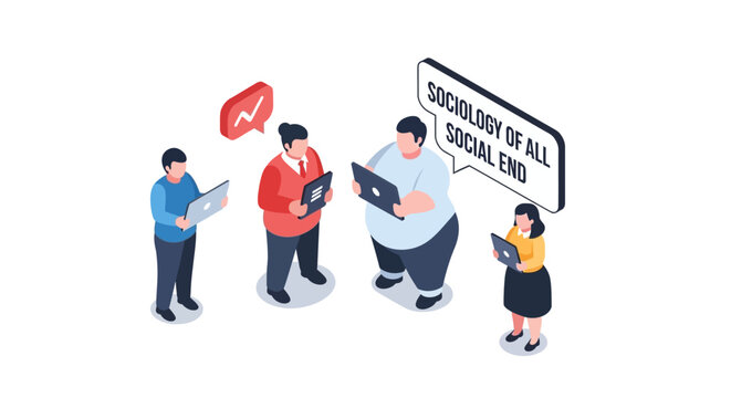 Isometric illustration of people discussing sociology and social concepts.