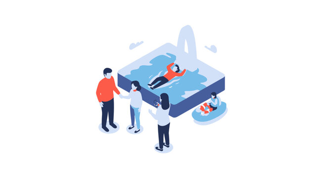 Isometric illustration of people enjoying a pool with a diving board.