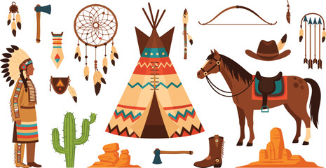 Native American Culture Illustration Set Featuring Teepee, Warrior, Horse, Dreamcatcher, Bow, Feathers, and Traditional Symbols for Heritage and Western Design Projects. © MstSuborna