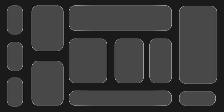 Liquid glass banner ui kit with various shapes and text placeholders on dark transparent.