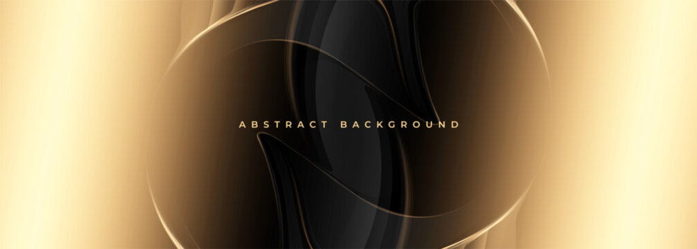 Black and gold abstract background showcasing flowing metallic ribbons and subtle glow, luxury atmosphere with satin gradients, elegant curves, and opulent texture perfect for gala invitations.