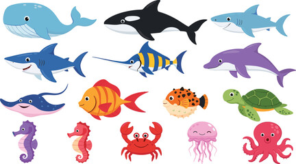 Obraz premium Colorful Cartoon Sea Animal Collection Featuring Whale, Sharks, Dolphin, Turtle, Fish, Crab, Octopus, Seahorse, Jellyfish, and Stingray for Kids Design Projects.