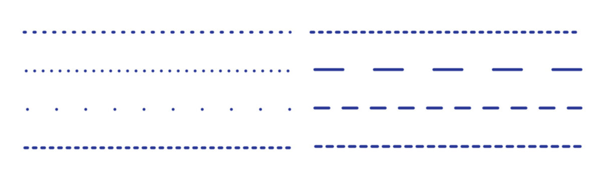 Dashed line divider set in blue minimal style. Clean horizontal separators with dots dashes and stitches for UI layouts infographics and print. Simple vector elements for borders guides and section br