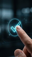 Fototapeta premium Man finger touching virtual check mark on glowing screen for digital identity verification. Innovative cybersecurity access control and biometric authentication for system security.