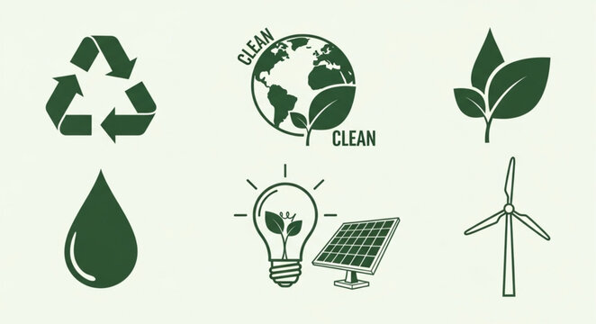 Collection of eco-friendly symbols and icons for sustainability.