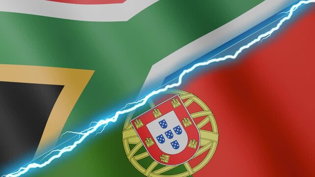Two waving flags South Africa and Portugal with diagonal lightning seamless, 4k loop
