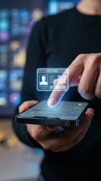 Man touching digital identity card hologram on smartphone screen. Online biometric verification and secure personal data authorization concept. Innovative cybersecurity authentication technology.