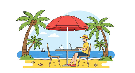 Obraz premium Man working on laptop on tropical beach under umbrella with palm trees and ocean view