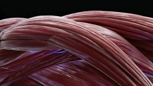 Muscle fibers macro view, detailed organic texture,
subtle electric signals flowing through fibers, contraction and release motion
