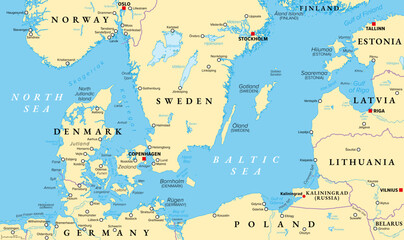 Fototapeta premium Danish straits and southern Baltic Sea, political map. Belts and sounds in Denmark connecting the Baltic Sea through Kattegat and Skagerrak to North Sea, regarded as international waterways. Vector
