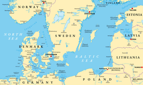 Danish straits and southern Baltic Sea, political map. Belts and sounds in Denmark connecting the Baltic Sea through Kattegat and Skagerrak to North Sea, regarded as international waterways. Vector