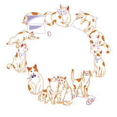 Fototapeta premium Cats round wreath frame composition Digital illustration Cartoon flat illustration isolated on white background Lovely kitten Graphic element for design and website