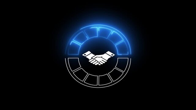  A digital partnership trust level meter with handshake icon. Concept of business collaboration, successful partnership, corporate trust, joint ventures, and mergers.