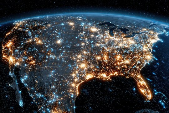 Global Connectivity and Digital Transformation: United States City Lights at Night from Space Illustrating Network and Technology