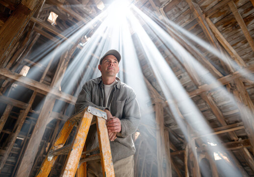 Hope and Opportunity: Man on Ladder in Old Barn with Sunbeams, Symbolizing New Beginnings and Future Prospects