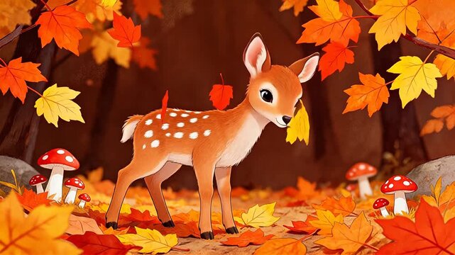 Cute baby deer in autumn forest