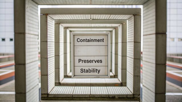 Abstract architectural design featuring geometric repetition and text on containment, preservation, and stability in modern urban space