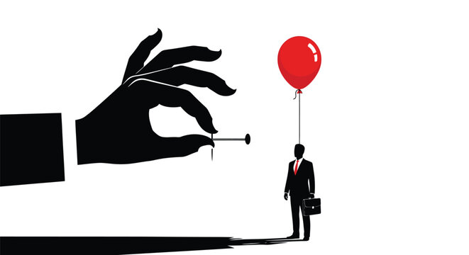 Giant hand holding a sharp pin about to pop a red balloon tied to a businessman