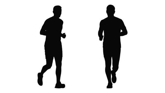Two silhouettes of men running depicted in a dynamic and active pose against a white background