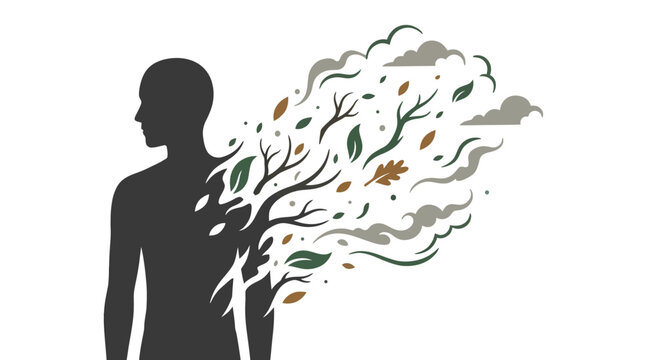 Human silhouette dissolving into a vibrant array of autumn leaves, branches, and smoky elements, symbolizing nature's influence and transformation.