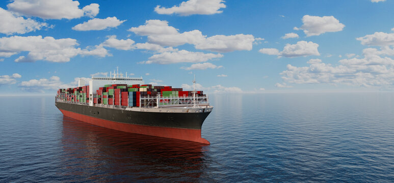 Container cargo ship at sea, global logistics and international trade