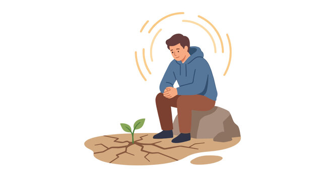 A man sits sadly on a rock next to a small green sprout growing from cracked, dry earth, symbolizing hope amidst adversity and environmental challenges.